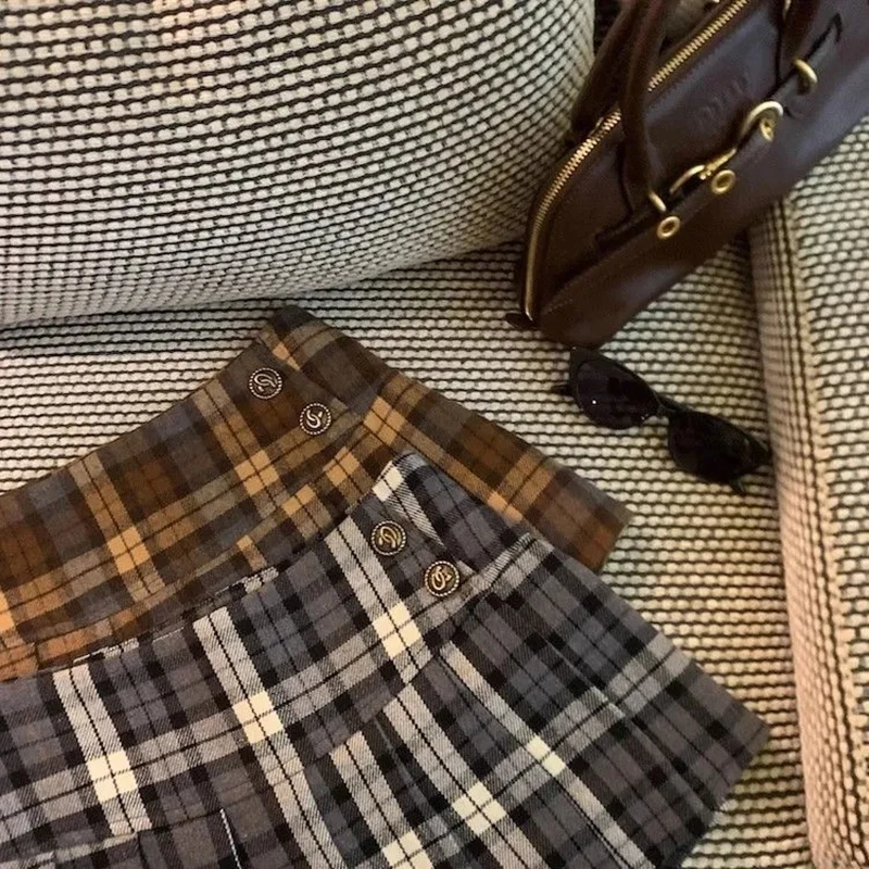 Vintage Plaid Pleated Skirt for Women Y2K Korean High Waist Faux Wool Mini Skirt Japanese Sweet Preppy All Match A Line Skirts