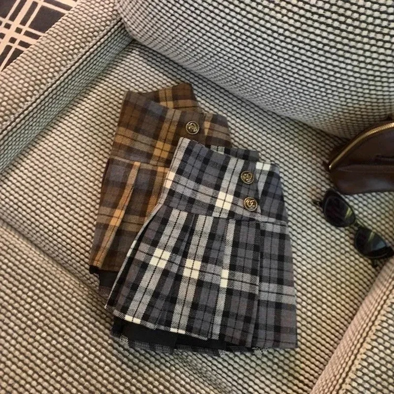 Vintage Plaid Pleated Skirt for Women Y2K Korean High Waist Faux Wool Mini Skirt Japanese Sweet Preppy All Match A Line Skirts