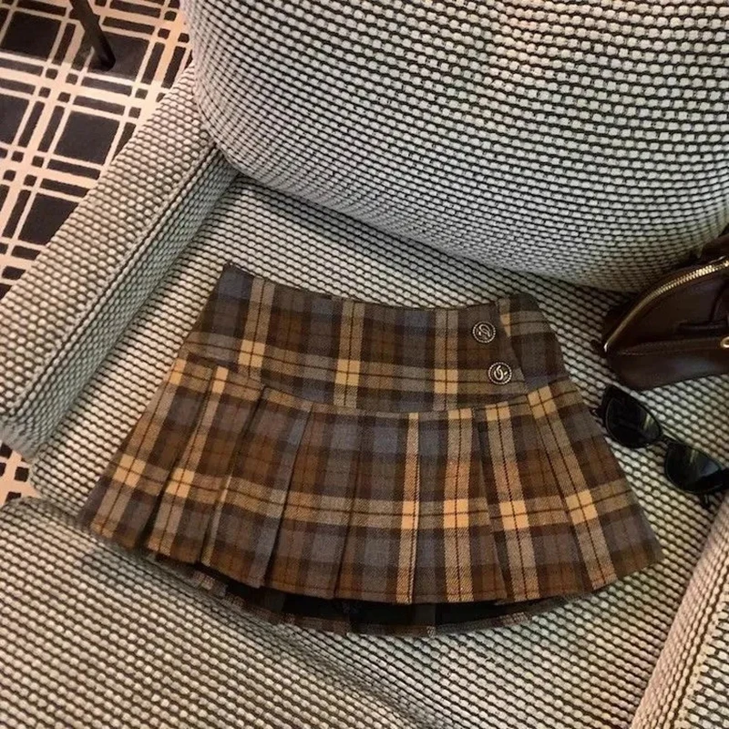 Vintage Plaid Pleated Skirt for Women Y2K Korean High Waist Faux Wool Mini Skirt Japanese Sweet Preppy All Match A Line Skirts