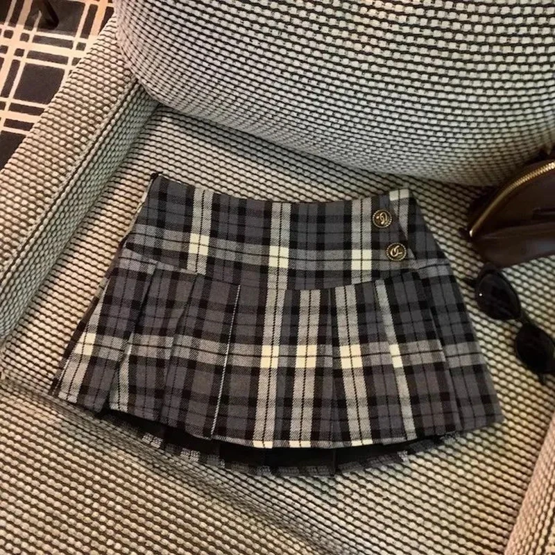 Vintage Plaid Pleated Skirt for Women Y2K Korean High Waist Faux Wool Mini Skirt Japanese Sweet Preppy All Match A Line Skirts