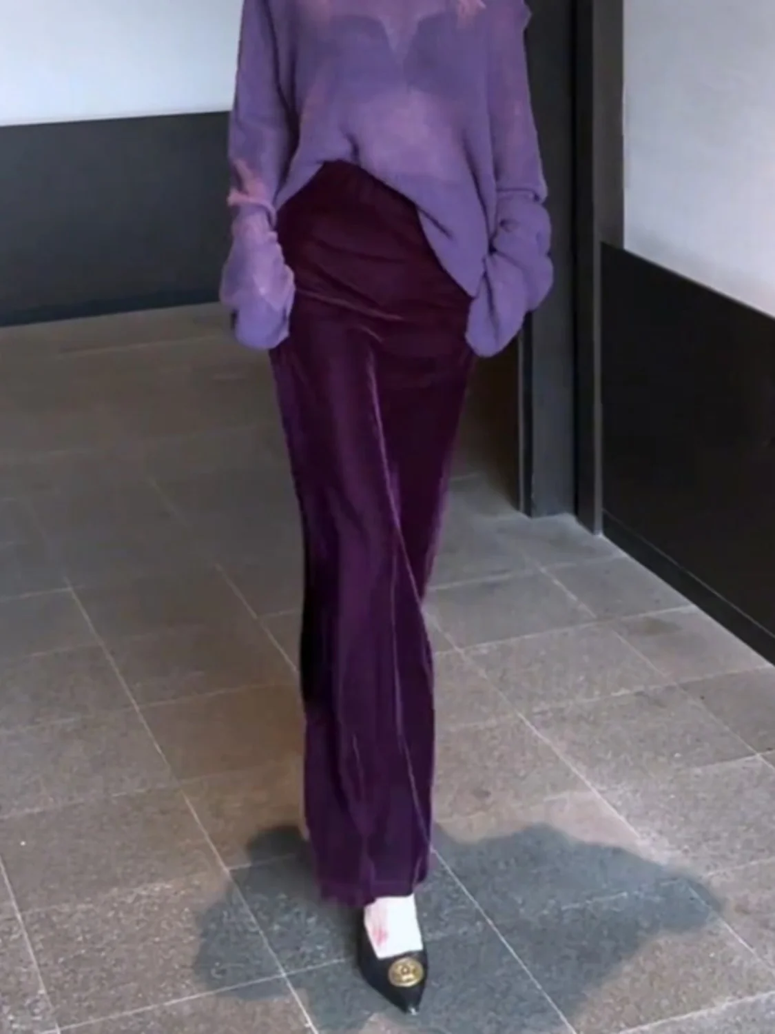 Autumn Purple Velvet Long Skirt Elegant High Waisted Slim Slit Skirt Fashion Office Lady Jupe Party Wrapped Pencil Skirts 510A