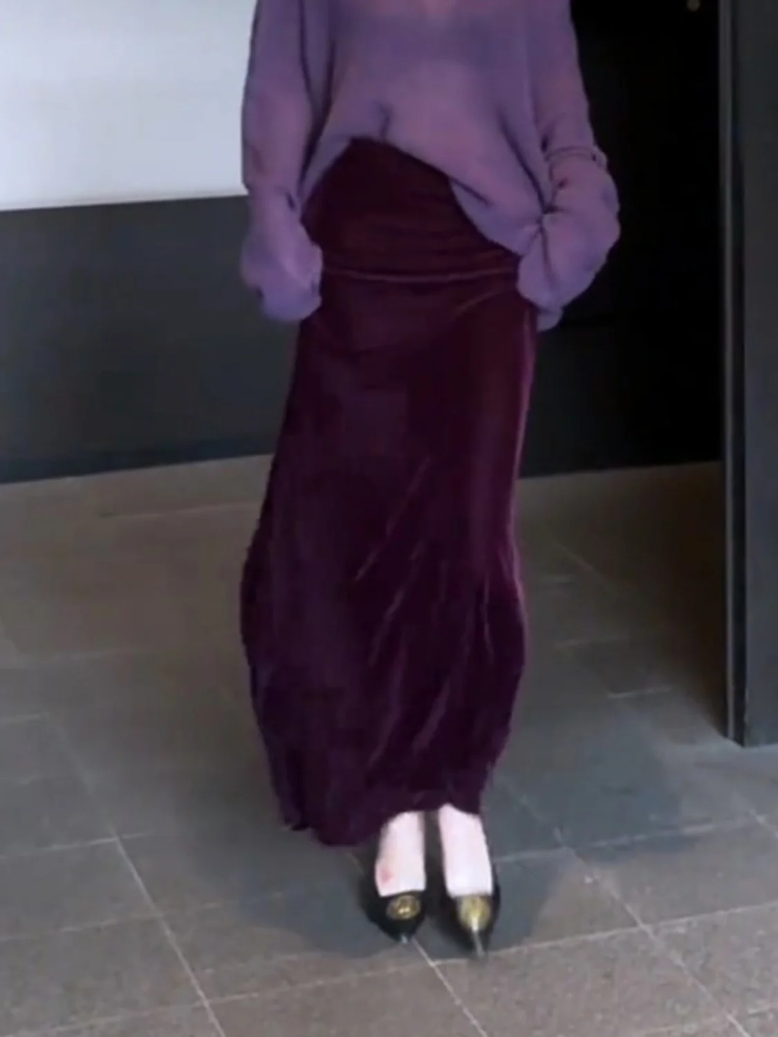Autumn Purple Velvet Long Skirt Elegant High Waisted Slim Slit Skirt Fashion Office Lady Jupe Party Wrapped Pencil Skirts 510A