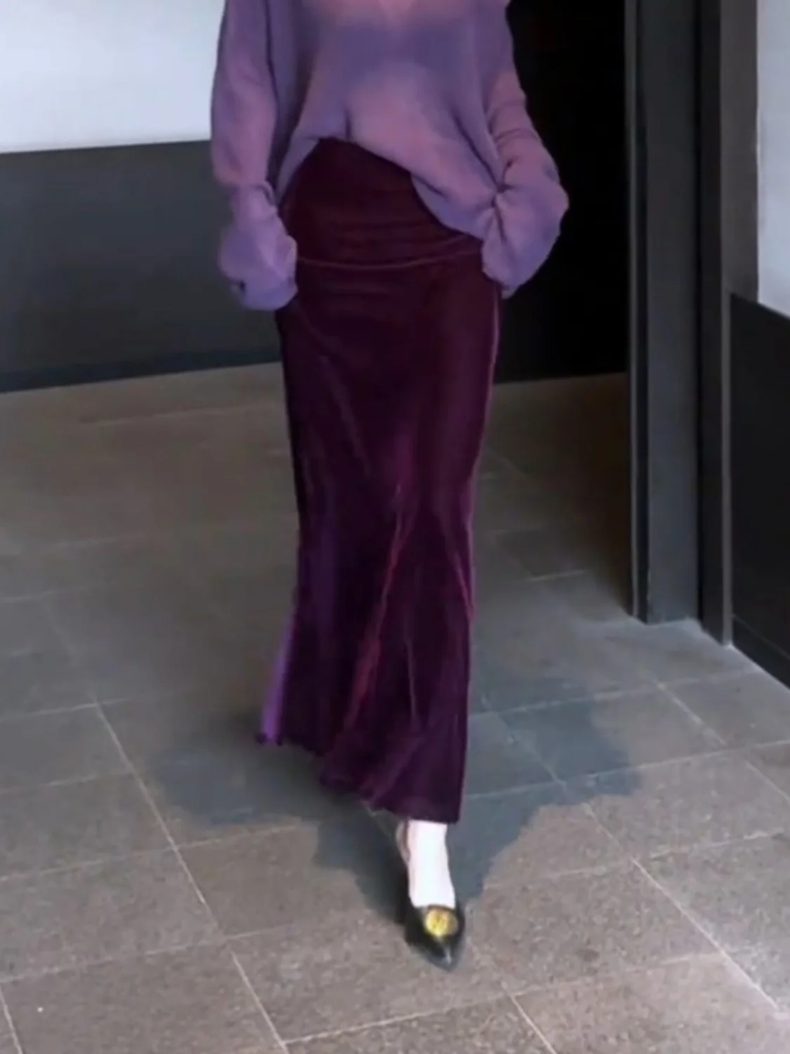 Autumn Purple Velvet Long Skirt Elegant High Waisted Slim Slit Skirt Fashion Office Lady Jupe Party Wrapped Pencil Skirts 510A