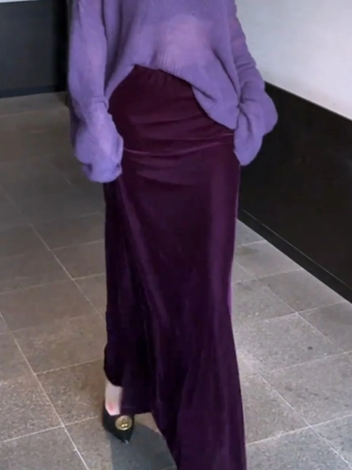 Autumn Purple Velvet Long Skirt Elegant High Waisted Slim Slit Skirt Fashion Office Lady Jupe Party Wrapped Pencil Skirts 510A