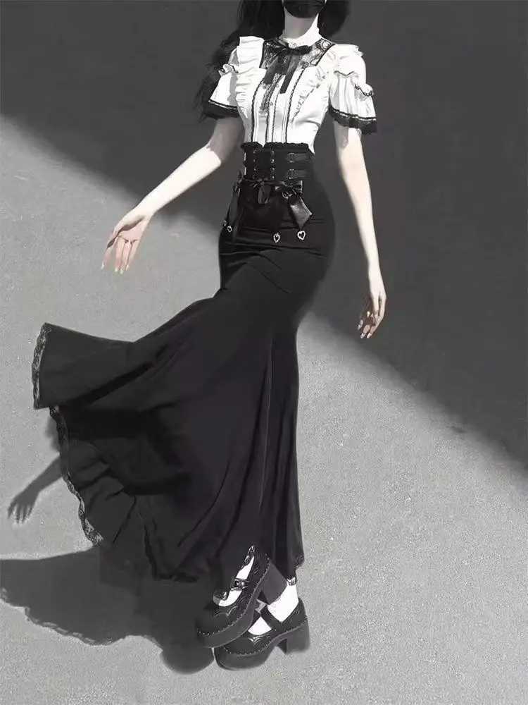 Harajuku Kawaii Lolita Lace Fish Tail Skirts Y2k Slim Waist Black Skirt for Women Autumn Subcultural Mid-length Faldas Mujer