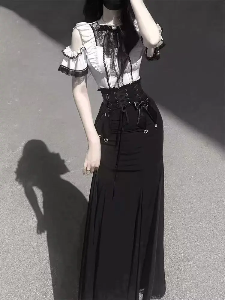 Harajuku Kawaii Lolita Lace Fish Tail Skirts Y2k Slim Waist Black Skirt for Women Autumn Subcultural Mid-length Faldas Mujer