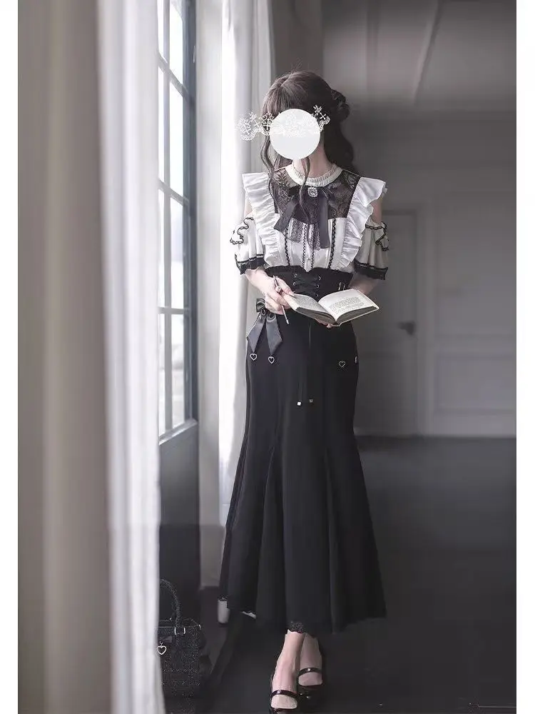 Harajuku Kawaii Lolita Lace Fish Tail Skirts Y2k Slim Waist Black Skirt for Women Autumn Subcultural Mid-length Faldas Mujer
