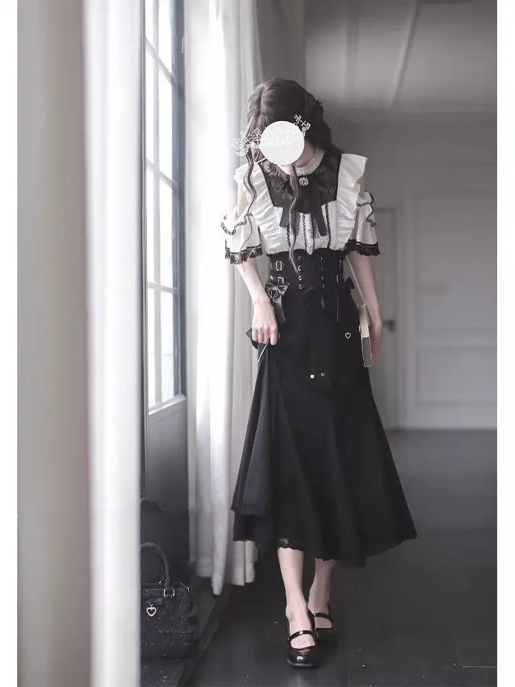 Harajuku Kawaii Lolita Lace Fish Tail Skirts Y2k Slim Waist Black Skirt for Women Autumn Subcultural Mid-length Faldas Mujer