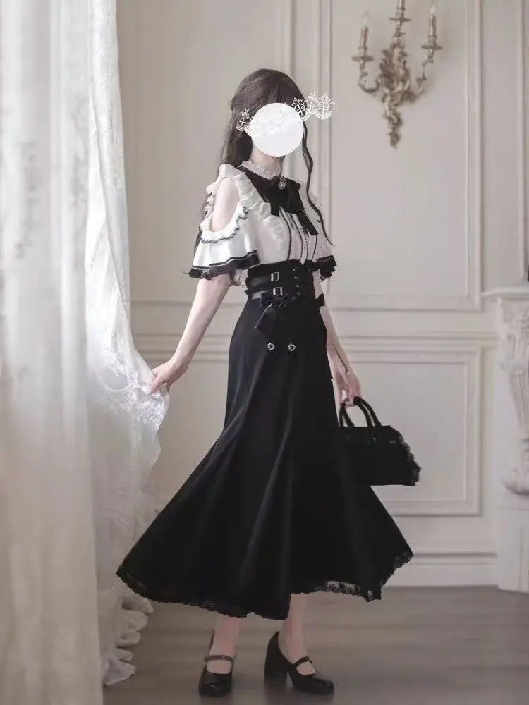 Harajuku Kawaii Lolita Lace Fish Tail Skirts Y2k Slim Waist Black Skirt for Women Autumn Subcultural Mid-length Faldas Mujer