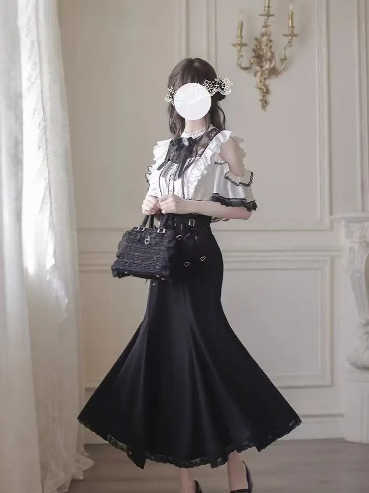 Harajuku Kawaii Lolita Lace Fish Tail Skirts Y2k Slim Waist Black Skirt for Women Autumn Subcultural Mid-length Faldas Mujer