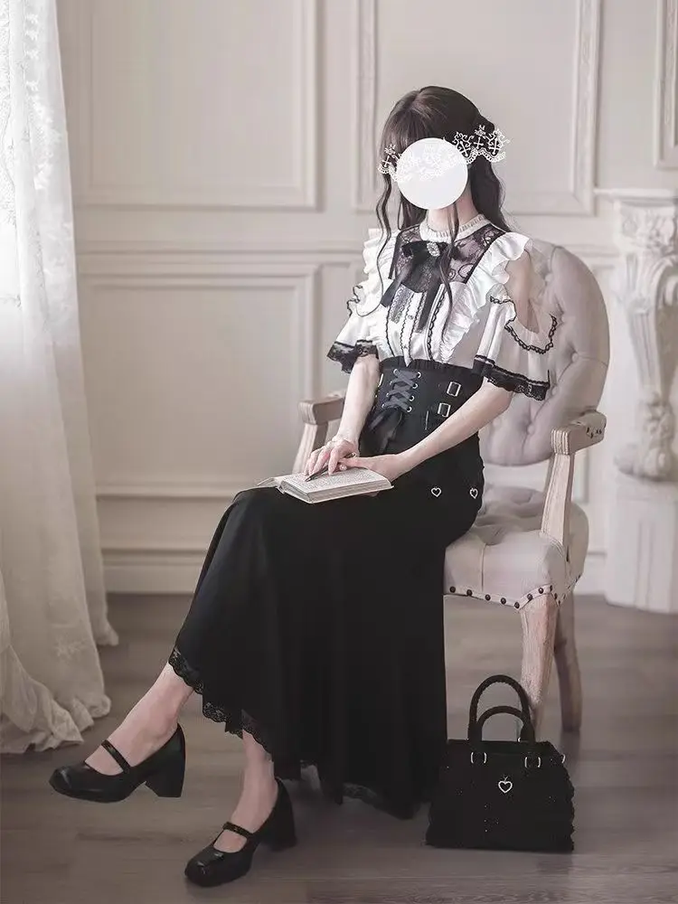 Harajuku Kawaii Lolita Lace Fish Tail Skirts Y2k Slim Waist Black Skirt for Women Autumn Subcultural Mid-length Faldas Mujer