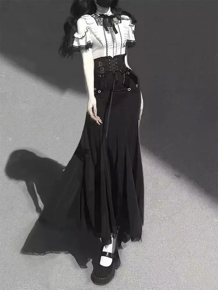 Harajuku Kawaii Lolita Lace Fish Tail Skirts Y2k Slim Waist Black Skirt for Women Autumn Subcultural Mid-length Faldas Mujer