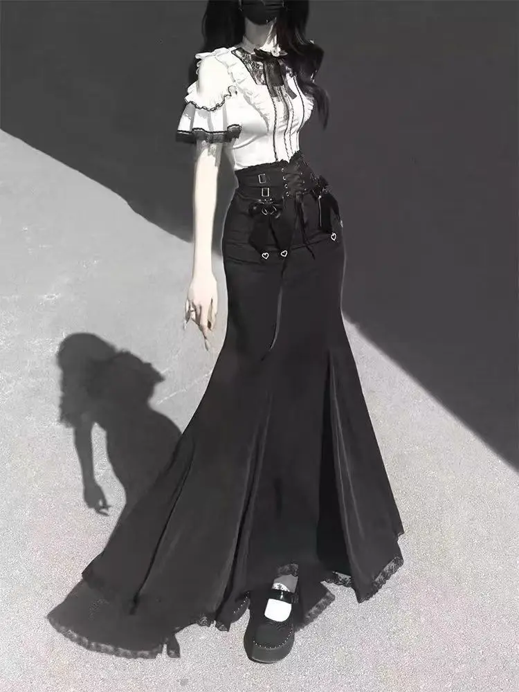 Harajuku Kawaii Lolita Lace Fish Tail Skirts Y2k Slim Waist Black Skirt for Women Autumn Subcultural Mid-length Faldas Mujer