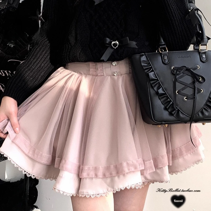 2026 Autumn And Winter New Japanese Short Skirt Lolita Mine Series Diamond Buckle 360 Degree Large Hemline Gauze Skirts Female
