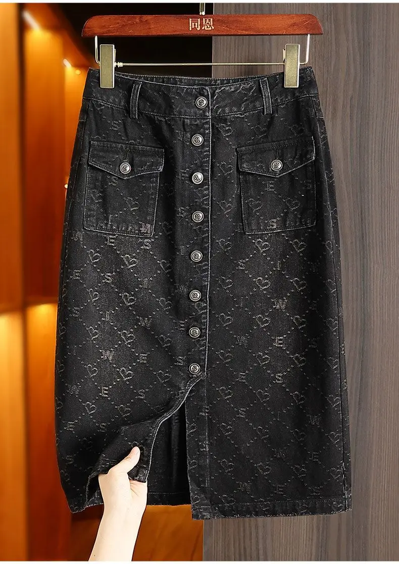 Spring Love Jacquard Denim Skirt Women Autumn 2025 New Casual Slim Split Buttock Skirt With pockets Female Long Denim Skirts