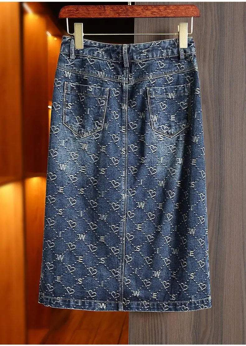 Spring Love Jacquard Denim Skirt Women Autumn 2025 New Casual Slim Split Buttock Skirt With pockets Female Long Denim Skirts