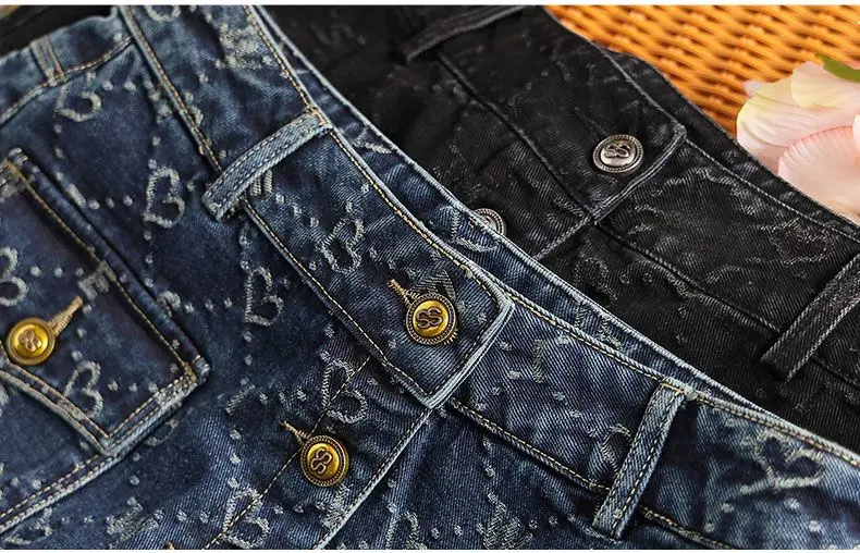 Spring Love Jacquard Denim Skirt Women Autumn 2025 New Casual Slim Split Buttock Skirt With pockets Female Long Denim Skirts