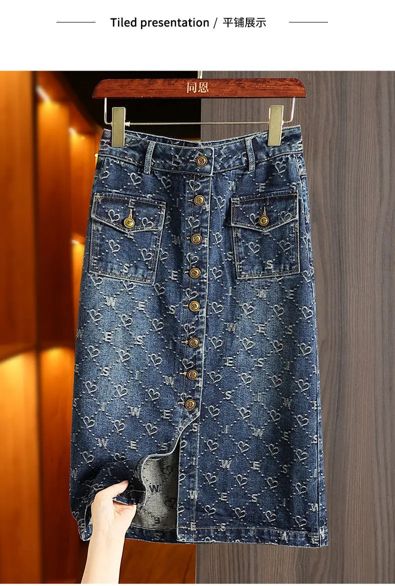 Spring Love Jacquard Denim Skirt Women Autumn 2025 New Casual Slim Split Buttock Skirt With pockets Female Long Denim Skirts