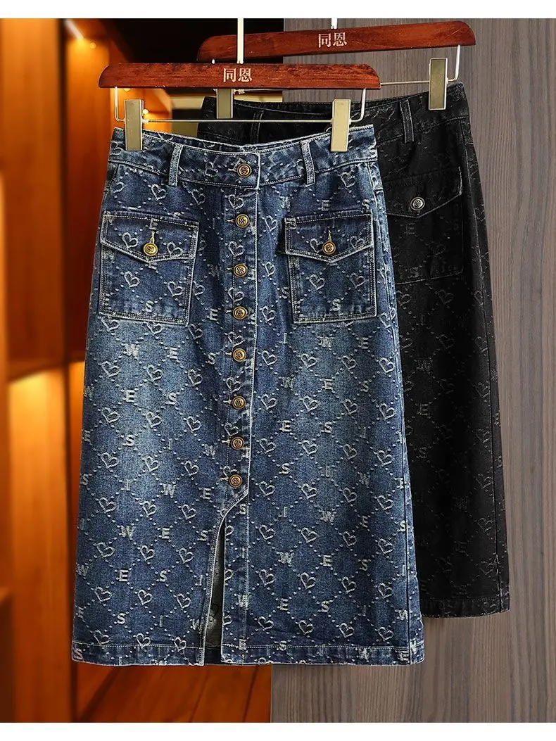 Spring Love Jacquard Denim Skirt Women Autumn 2025 New Casual Slim Split Buttock Skirt With pockets Female Long Denim Skirts