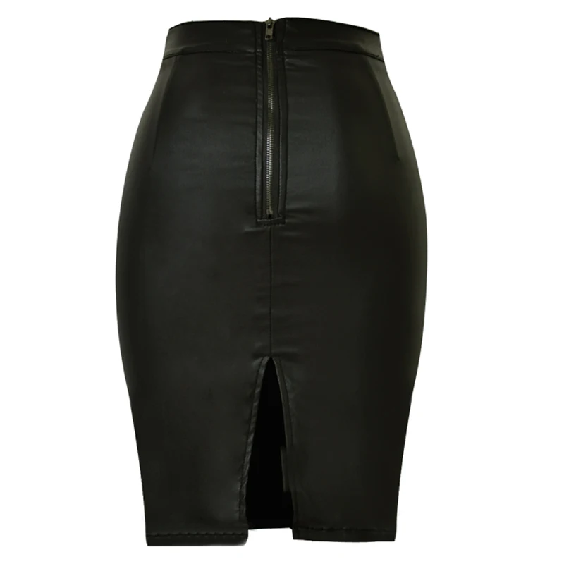 Stretch Faux Leather Skirts Women High Waist Office Lady Formal Work Wear Slim Split Female Skirt Elegant Back Zipper XS Black