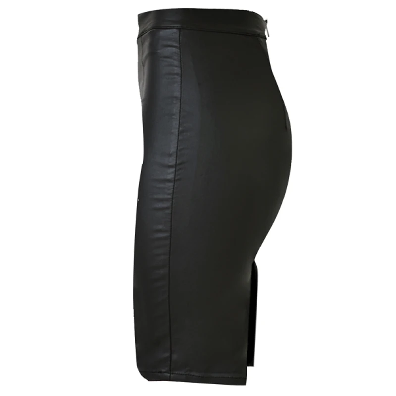 Stretch Faux Leather Skirts Women High Waist Office Lady Formal Work Wear Slim Split Female Skirt Elegant Back Zipper XS Black