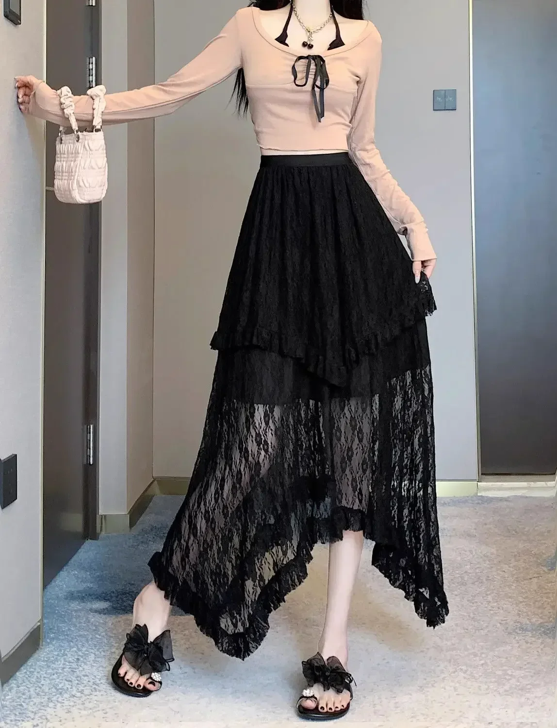 New Japanese Casual High Waisted Women's Lace Skirt Summer Korean Retro College Style Y2K Sweet Irregular A-line Skirt for Women