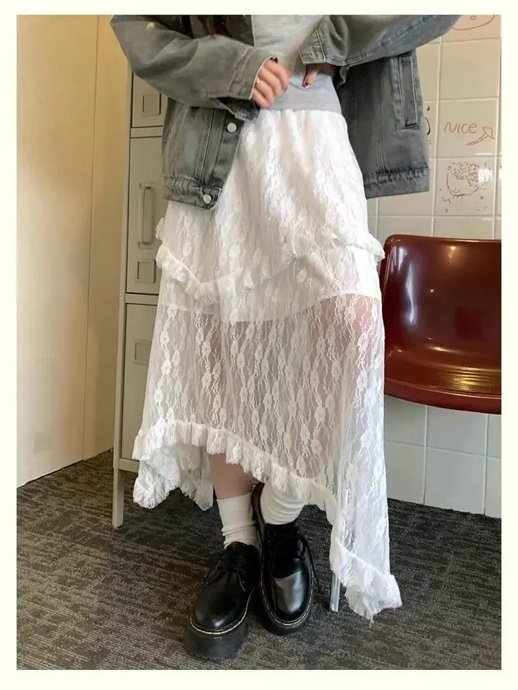 New Japanese Casual High Waisted Women's Lace Skirt Summer Korean Retro College Style Y2K Sweet Irregular A-line Skirt for Women