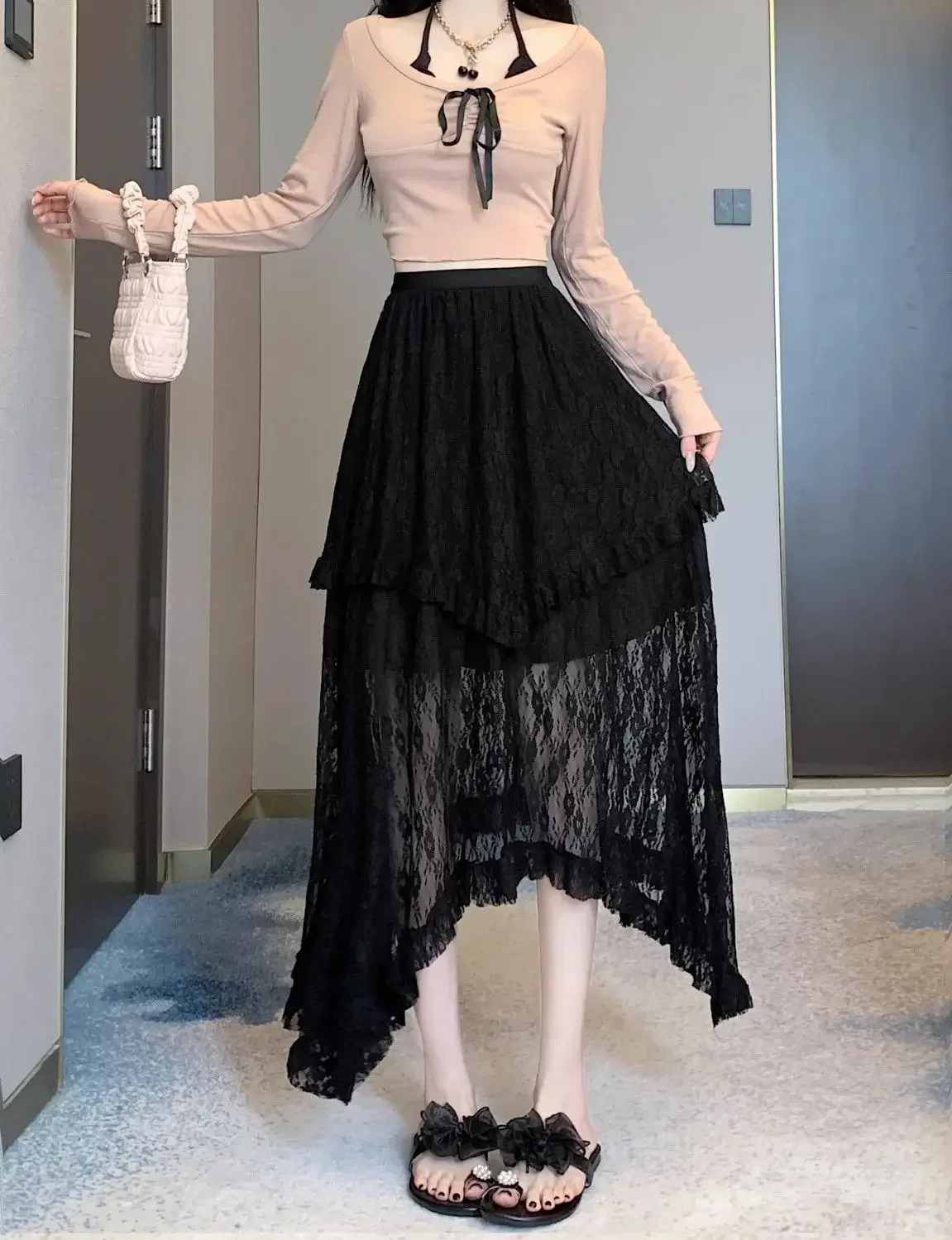 New Japanese Casual High Waisted Women's Lace Skirt Summer Korean Retro College Style Y2K Sweet Irregular A-line Skirt for Women