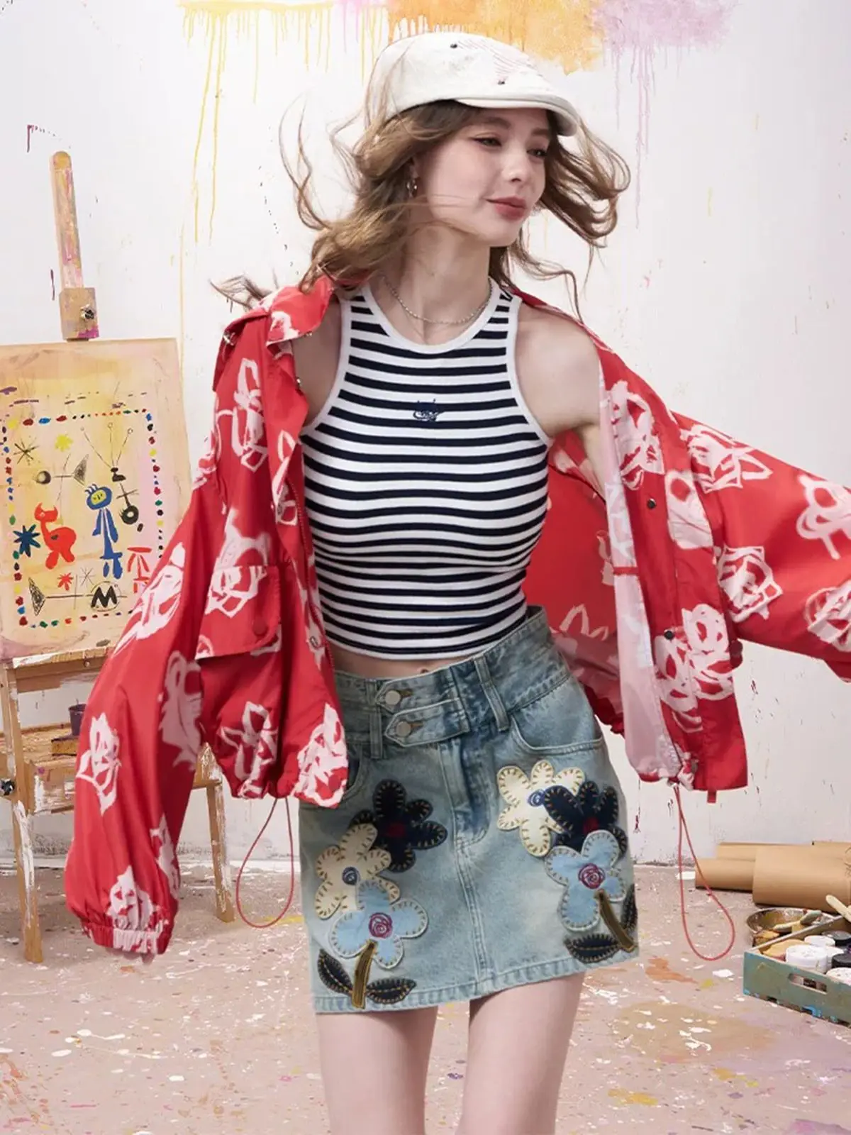Y2K American Cartoon Flower Patch Embroidery Denim Skirt A Line Short Summer Design for Women