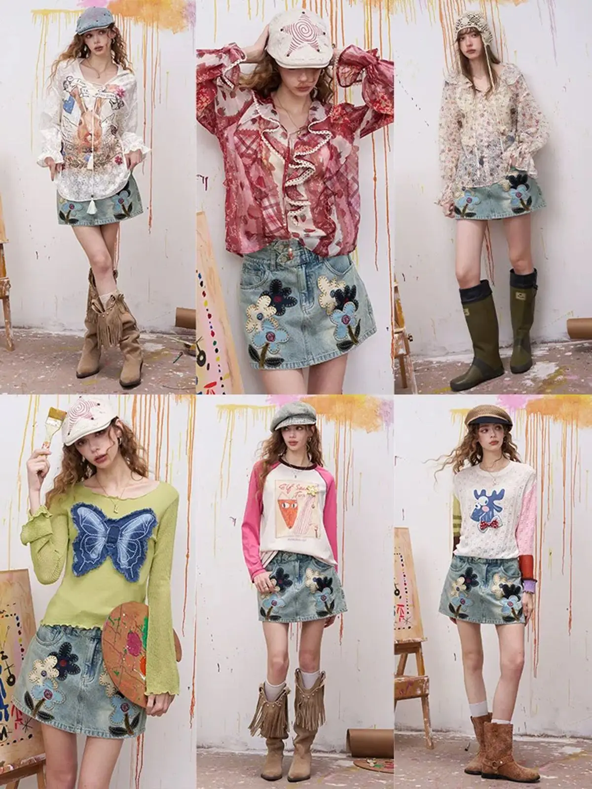 Y2K American Cartoon Flower Patch Embroidery Denim Skirt A Line Short Summer Design for Women