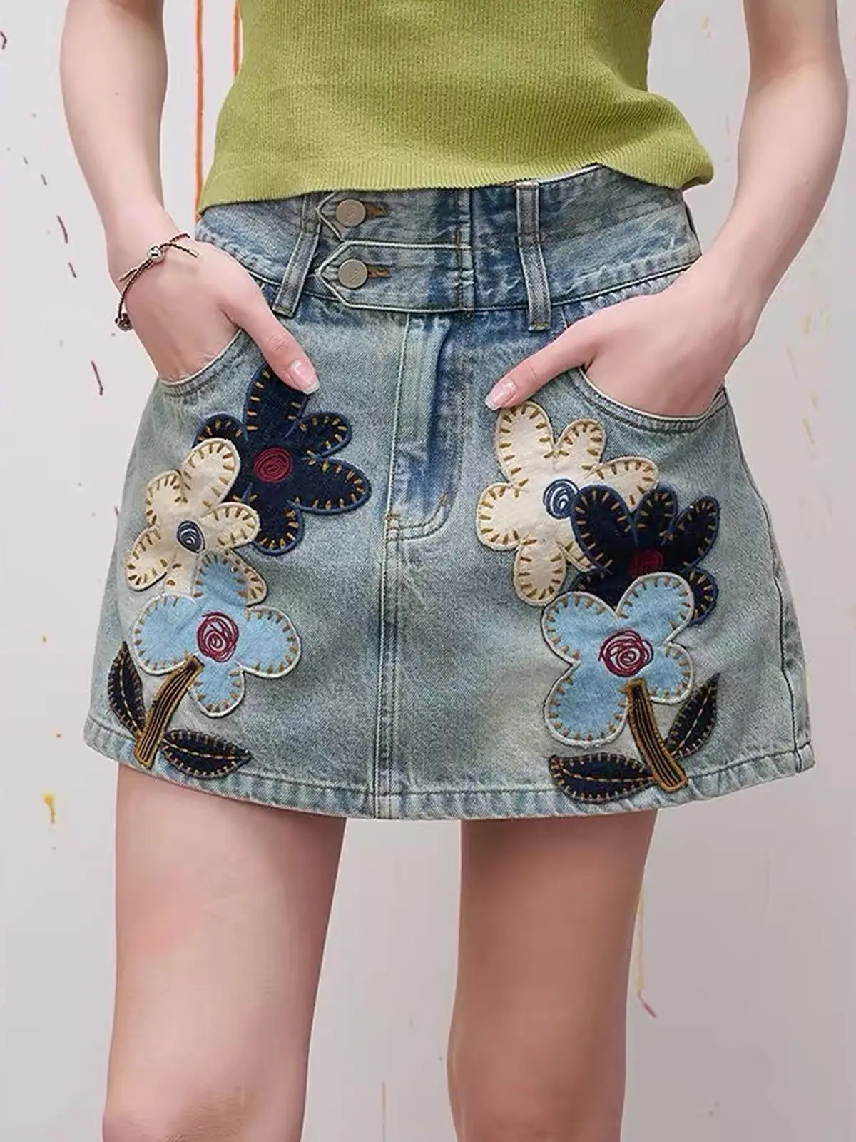 Y2K American Cartoon Flower Patch Embroidery Denim Skirt A Line Short Summer Design for Women