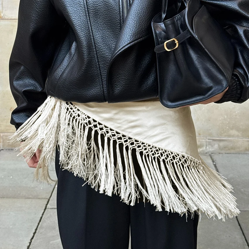 Linad Street Chic Beige Satin Tassels Mini Skirts Woman 2026 Summer Elegant High Waist Irregular Skirts Casual Loose Skirt Women