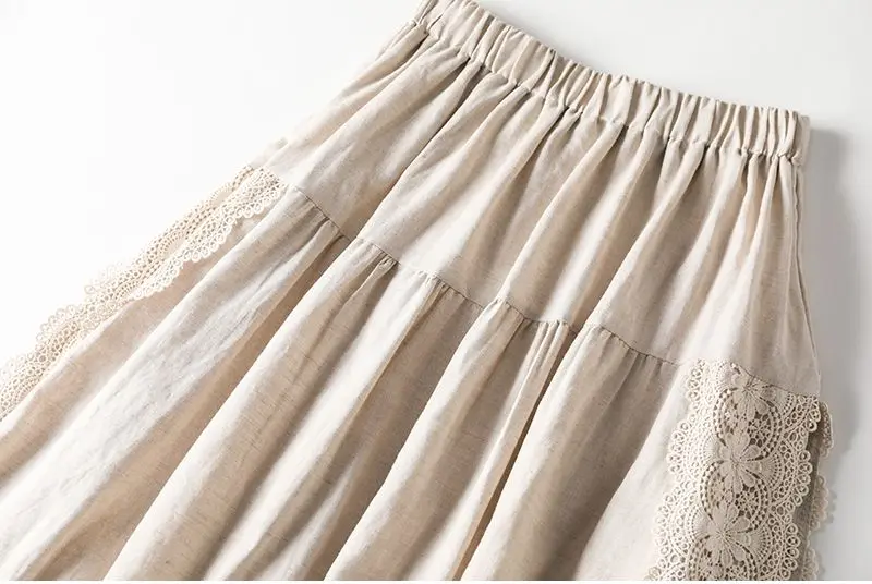 Embroidery Lace Skirts Women Cotton Elastic Waist Streetwear Mid-length Skirt Vintage Patchwork Harajuku Lace-up Solid Clothing