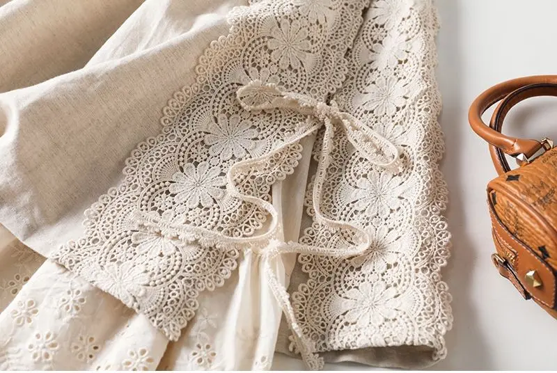Embroidery Lace Skirts Women Cotton Elastic Waist Streetwear Mid-length Skirt Vintage Patchwork Harajuku Lace-up Solid Clothing