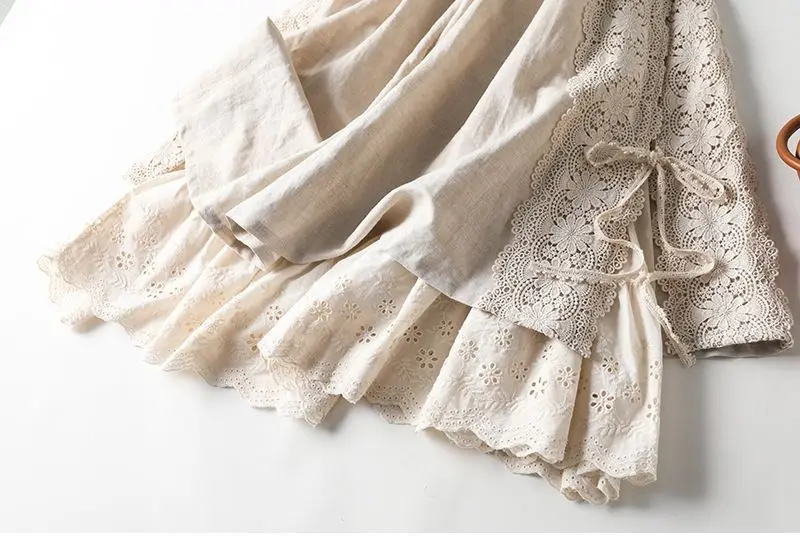 Embroidery Lace Skirts Women Cotton Elastic Waist Streetwear Mid-length Skirt Vintage Patchwork Harajuku Lace-up Solid Clothing