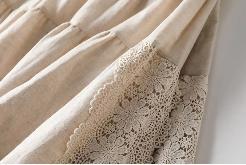 Embroidery Lace Skirts Women Cotton Elastic Waist Streetwear Mid-length Skirt Vintage Patchwork Harajuku Lace-up Solid Clothing