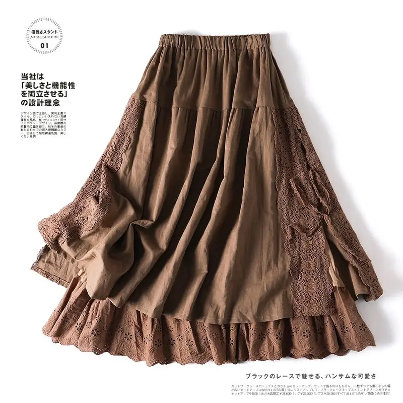 Embroidery Lace Skirts Women Cotton Elastic Waist Streetwear Mid-length Skirt Vintage Patchwork Harajuku Lace-up Solid Clothing