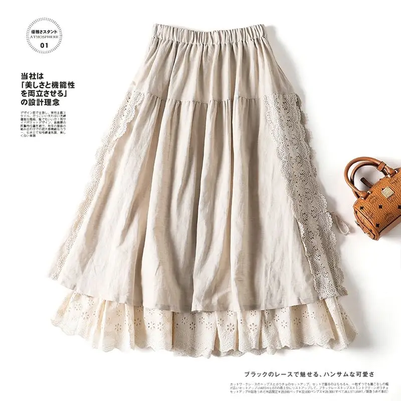 Embroidery Lace Skirts Women Cotton Elastic Waist Streetwear Mid-length Skirt Vintage Patchwork Harajuku Lace-up Solid Clothing