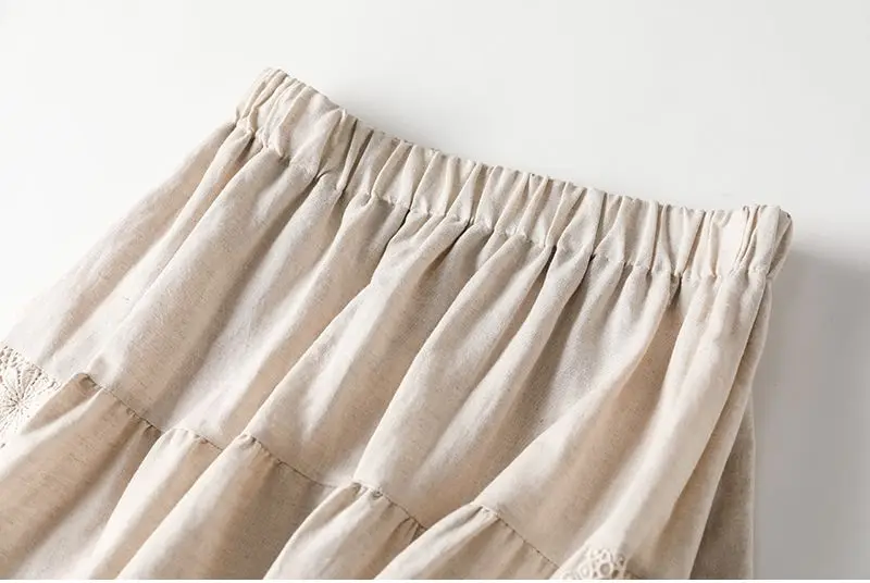 Embroidery Lace Skirts Women Cotton Elastic Waist Streetwear Mid-length Skirt Vintage Patchwork Harajuku Lace-up Solid Clothing