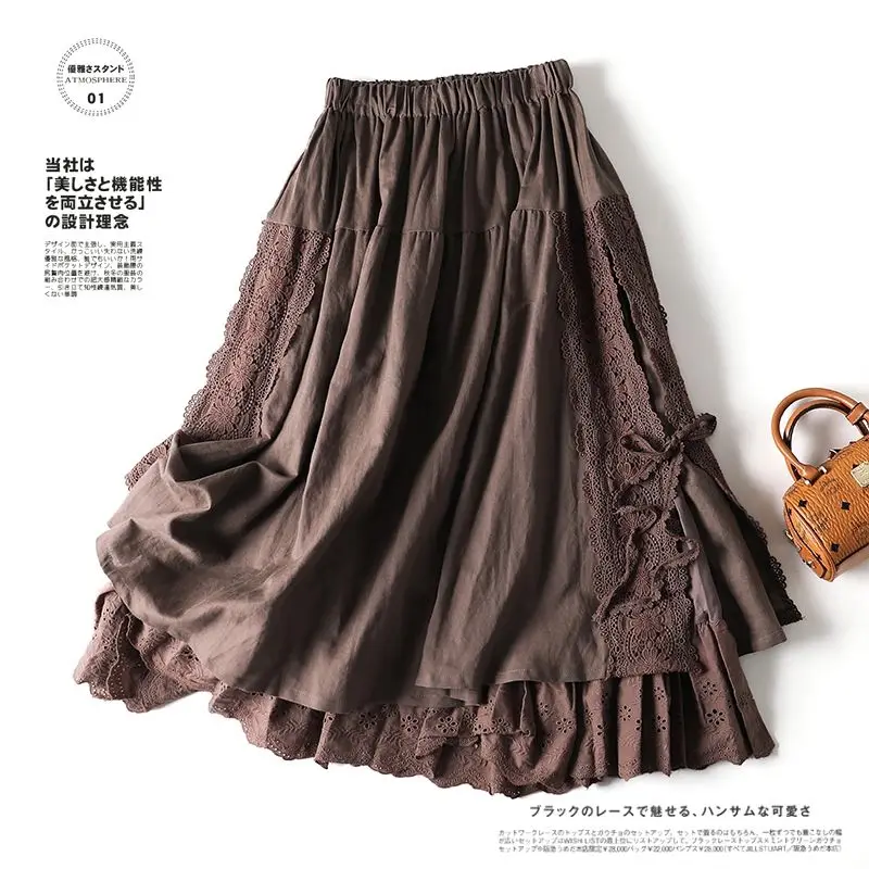 Embroidery Lace Skirts Women Cotton Elastic Waist Streetwear Mid-length Skirt Vintage Patchwork Harajuku Lace-up Solid Clothing