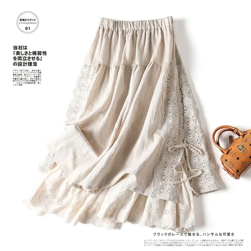 Embroidery Lace Skirts Women Cotton Elastic Waist Streetwear Mid-length Skirt Vintage Patchwork Harajuku Lace-up Solid Clothing