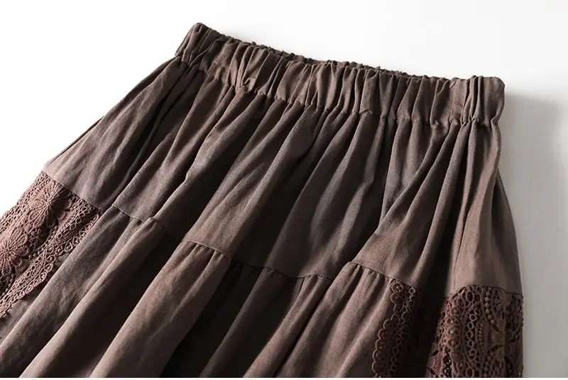 Embroidery Lace Skirts Women Cotton Elastic Waist Streetwear Mid-length Skirt Vintage Patchwork Harajuku Lace-up Solid Clothing