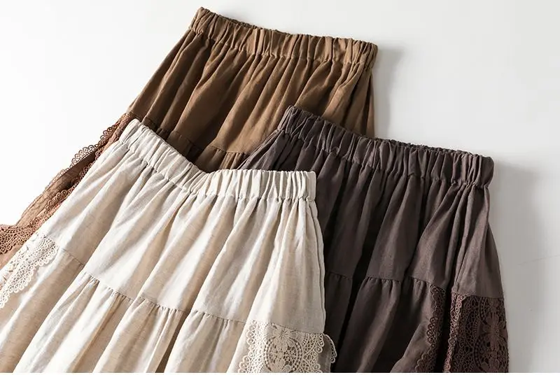 Embroidery Lace Skirts Women Cotton Elastic Waist Streetwear Mid-length Skirt Vintage Patchwork Harajuku Lace-up Solid Clothing