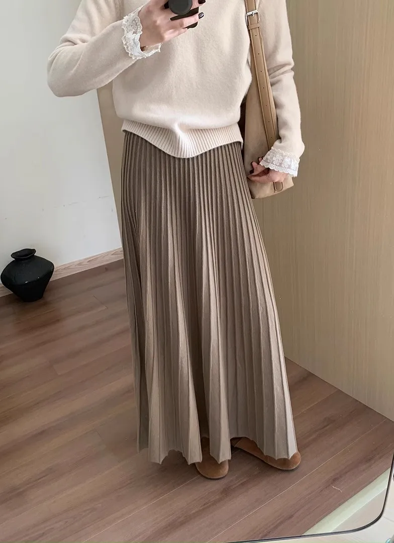 2026 Khaki Cashmere Knitted Midi Skirt for Women, Loose Fit, Draped, Slimming A-Line Pleated Skirt for Autumn and Winter