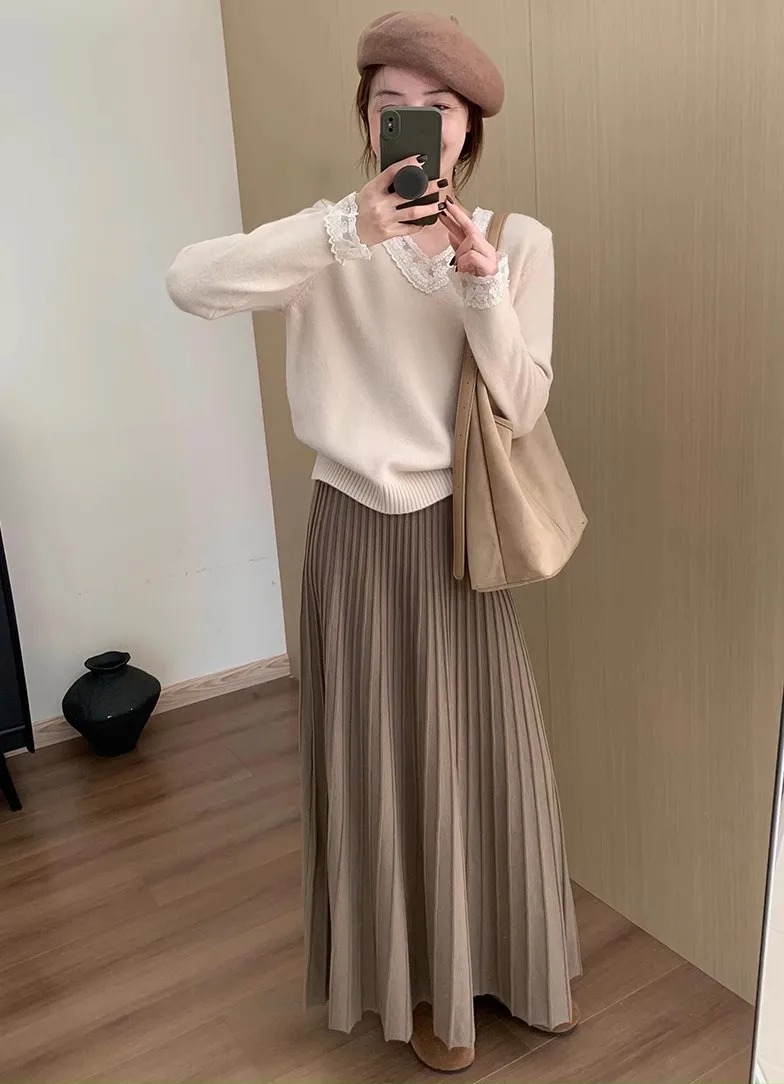 2026 Khaki Cashmere Knitted Midi Skirt for Women, Loose Fit, Draped, Slimming A-Line Pleated Skirt for Autumn and Winter