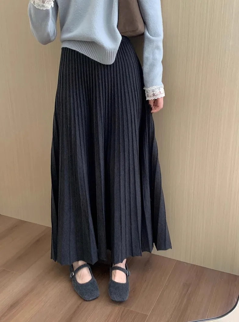 2026 Khaki Cashmere Knitted Midi Skirt for Women, Loose Fit, Draped, Slimming A-Line Pleated Skirt for Autumn and Winter