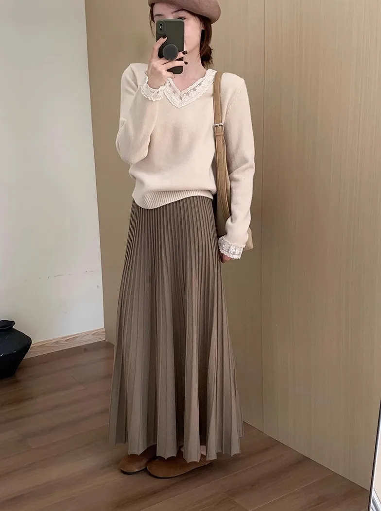 2026 Khaki Cashmere Knitted Midi Skirt for Women, Loose Fit, Draped, Slimming A-Line Pleated Skirt for Autumn and Winter
