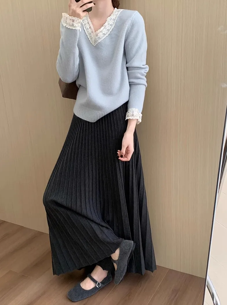 2026 Khaki Cashmere Knitted Midi Skirt for Women, Loose Fit, Draped, Slimming A-Line Pleated Skirt for Autumn and Winter