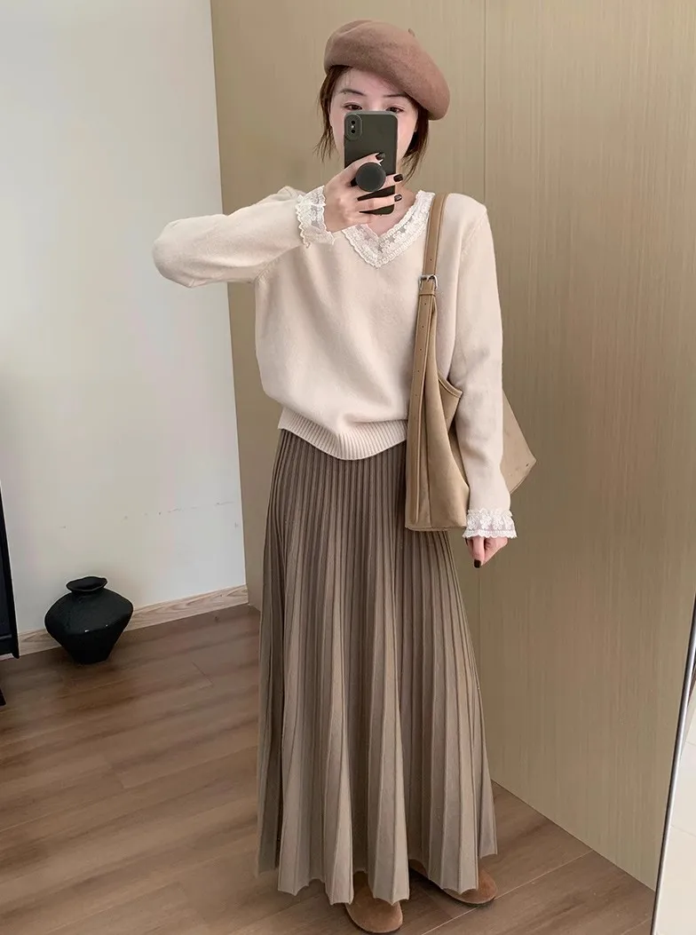 2026 Khaki Cashmere Knitted Midi Skirt for Women, Loose Fit, Draped, Slimming A-Line Pleated Skirt for Autumn and Winter