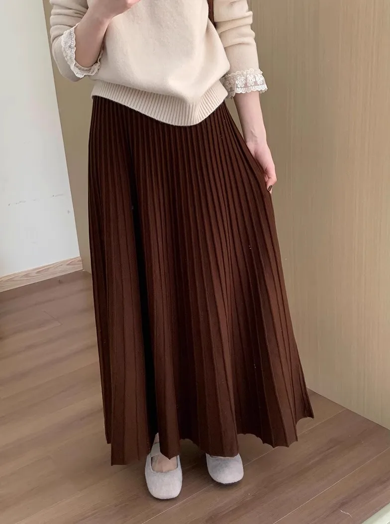 2026 Khaki Cashmere Knitted Midi Skirt for Women, Loose Fit, Draped, Slimming A-Line Pleated Skirt for Autumn and Winter